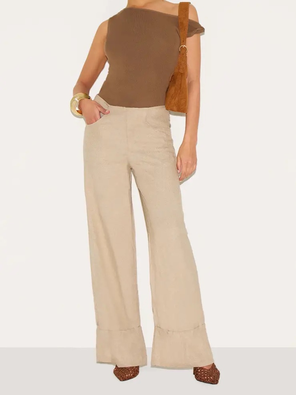 Petite Natural Stone Invisible Waistband Wide Leg Trousers